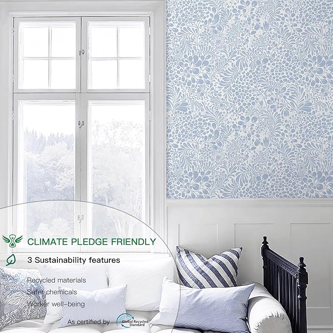 Heroad Peel and Stick Wallpaper Light Blue Floral Contact Paper 17.3''x393'' Boho Wall Paper Modern Removable Self Adhesive Wallpaper for Bedroom Bathroom Kitchen Cabinet Decor Waterproof Vinyl Roll