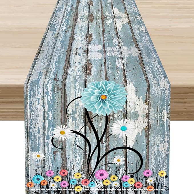 Watercolor Daisy Table Runner, Vintage Blue White Daisy Flower Rustic Blue Wood Farmhouse Print Table Center Decor for Family Kitchen Table Decorations Indoor Outdoor 13x108 inch