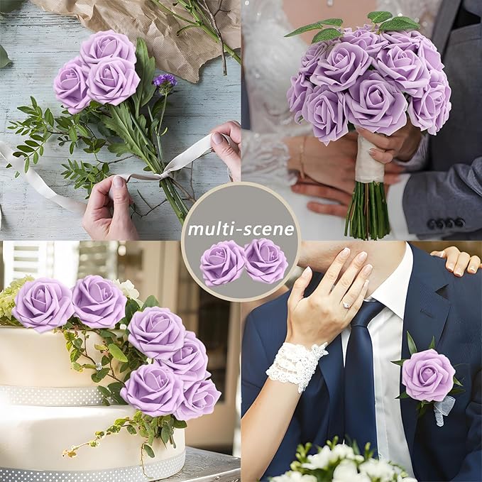 Artificial Flowers 50PCS Light Purple Roses Real Looking Foam Fake Roses with Leaves and for DIY Wedding Bouquets Bridal Shower Centerpieces Party Decorations (Lilac)