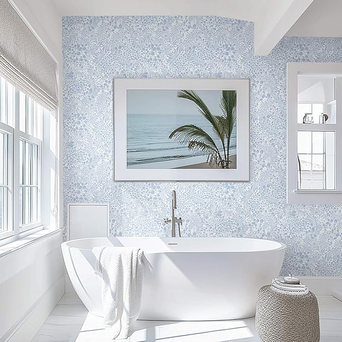 Heroad Blue Peel and Stick Wallpaper Floral Contact Paper 17.3''x78.7'' Boho Wall Paper Modern Removable Self Adhesive Wallpaper for Bedroom Bathroom Kitchen Cabinet Decor Waterproof Vinyl Roll