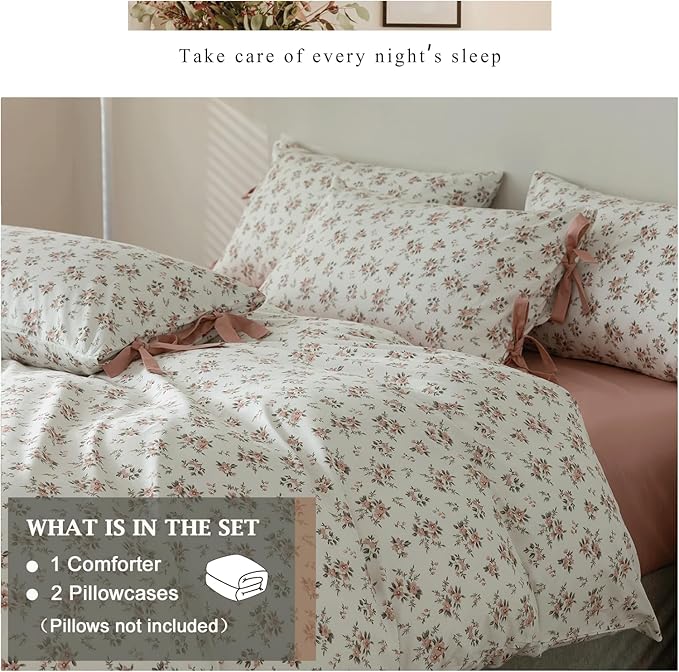 VM VOUGEMARKET Floral Comforter Set Twin,Pink Flower Bedding Set Nature Botanical Style,1 Soft Comforter and 2 Pillow Shams for Girls Women(3pcs,Twin XL)