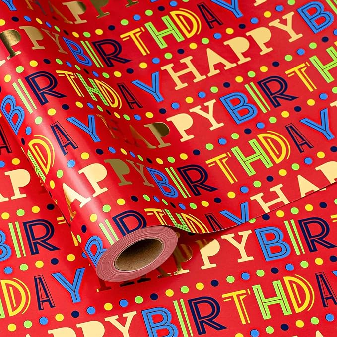 MIMUTI Red Birthday Wrapping Paper - 17 in X 33 ft - Foil Gift Wrap for Kids, Girls, Boys - Colorful Happy Birthday Text Design for Birthdays, Baby Shower, Party