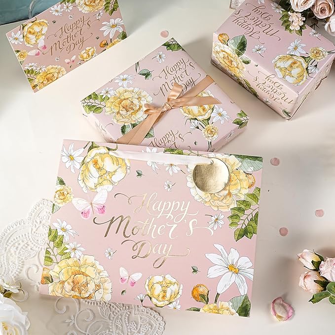 LeZakaa Mother's Day Wrapping Paper Roll, Happy Mother's Day Lettering, Yellow Floral Party Gift Wrap for Women, Mom, 17 inches x 16.4 Feet (23.2 sq.ft.)