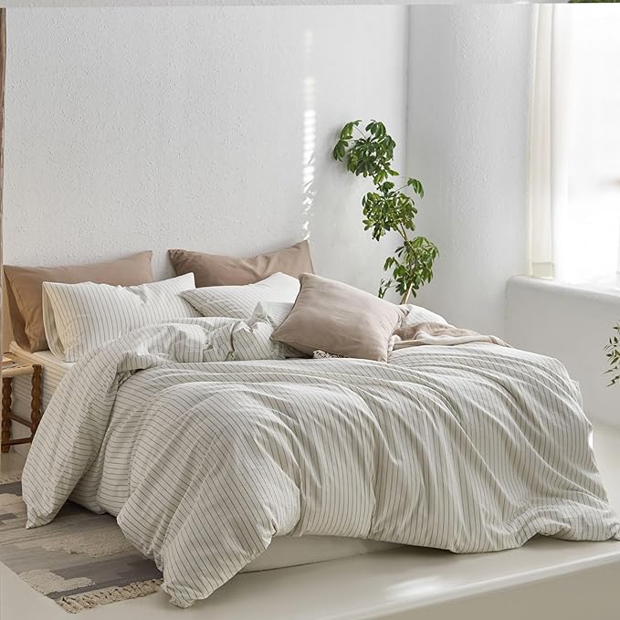 MooMee Striped Duvet Cover Set 100% Washed Cotton Linen Like Textured Breathable Durable Soft Comfy (White Sage Green Wide Stripes, King 104"x90")