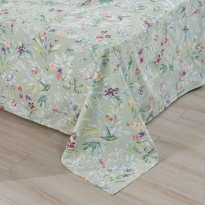 RYNGHIPY Shabby Flowers Print Bed Sheet Collections Egyptian Cotton Garden Floral Sheets (Green Floral,Full Size)