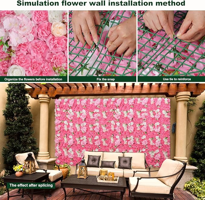 Flower Wall Backdrop 12pcs 16.5x16.5 Inch Artificial Floral Wall Panel 3D Silk Rose Wall Decor Ideal for Wedding Celebrations, Festive Party Backdrops, and Home Decor-Rose Pink