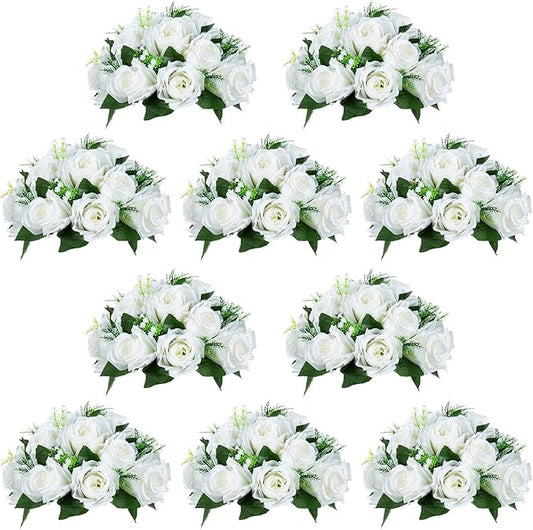 NUPTIO White Flower Centerpieces for Tables: 10 Pcs Artificial Flower Ball Arrangement for Wedding Party - 9.5 Inch Diameter Fake Floral Rose for Bridal Shower Decorations