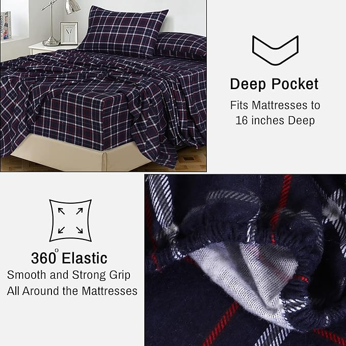 RUVANTI Flannel Sheets Queen Size - 100% Cotton Double Brushed Bed Sheets, Deep Pockets 16 Inches Queen Sheet Set, All Seasons Breathable & Extra Soft - Warm & Cozy, 4 Piece, Yankees Blue