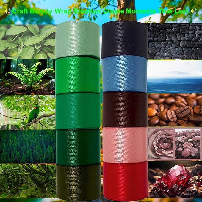 5/8 Inch Satin Ribbon Pack, 50 Yards Double Faced,10 Colored Green Ribbon Bulk for Gift Wrapping, Flower Bouquet, Crafts, Christmas, Easter, Earthy Day, Forest Wedding