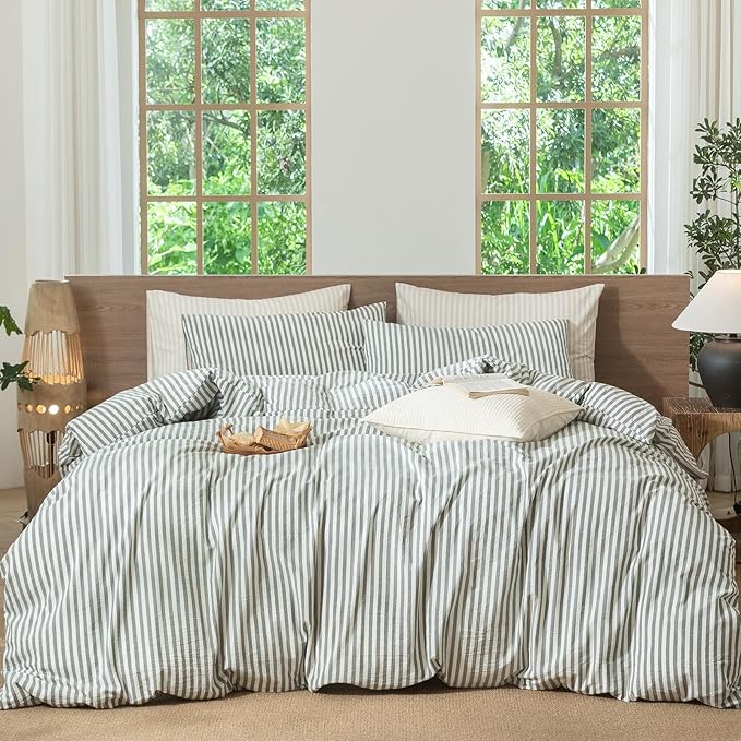 MooMee Striped Duvet Cover Set 100% Washed Cotton Linen Like Textured Breathable Durable Soft Comfy (Heathered Green Classic Stripes, Oversized Queen 98"x98")