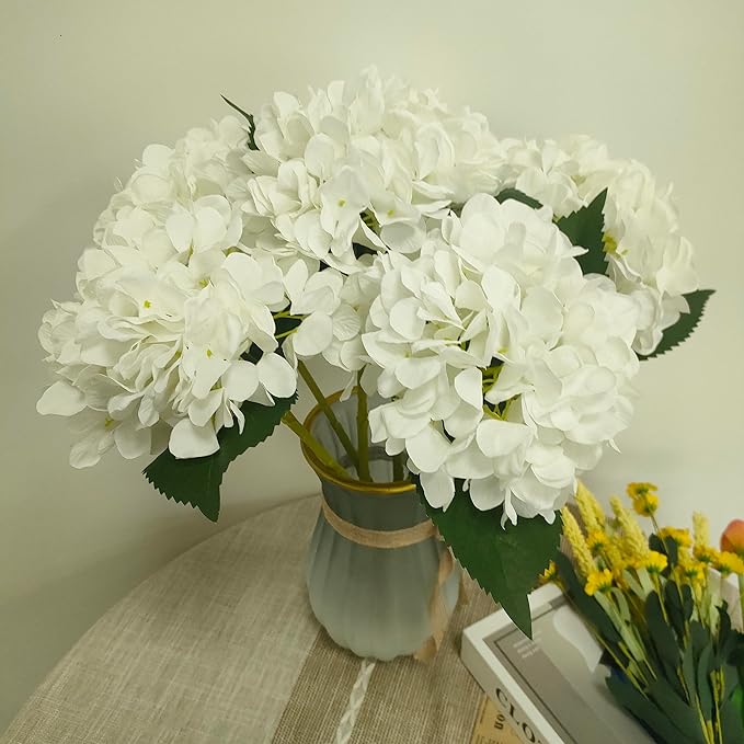 Hydrangea Artificial Flowers,Faux Hydrangea Flowers,Artificial Hydrangeas Flowers with Stems,Fake Hydrangeas,Silk Hydrangeas Flowers with Stems for Home Decor (10, White)