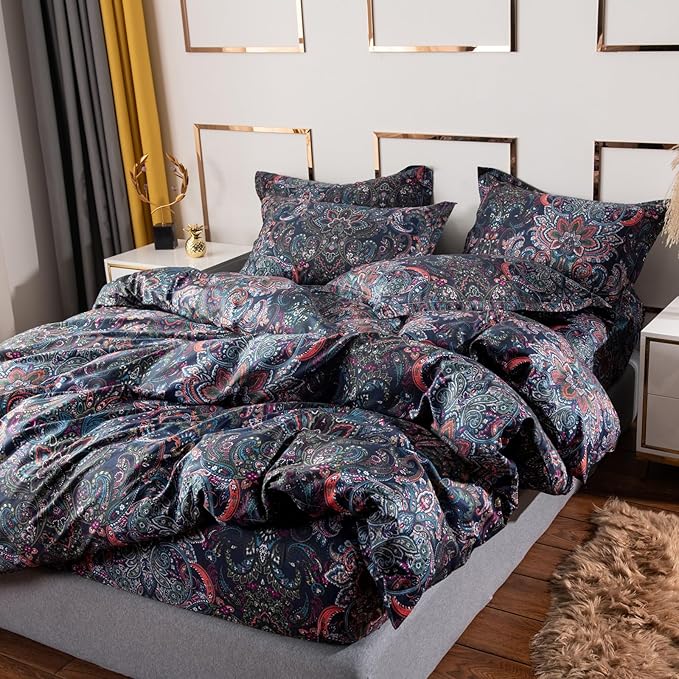 VM VOUGEMARKET Paisley Bedding Sets 3Pcs Brushed Cotton Duvet Cover Set King Size Rustic Damask Stormy Blue Floral Comforter Cover with Zipper Closure Boho Bedding Collections