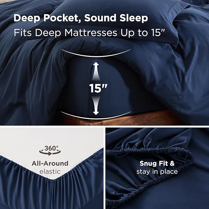 Bedsure Duvet Cover with Fitted Sheet Queen - Warm Deep Pocket, Hotel Luxury Soft Double Brushed Bedding Set with Zipper Closure, 1 Duvet Cover, 1 Fitted Sheet, 2 Pillow Shams, NO Comforter, Blue