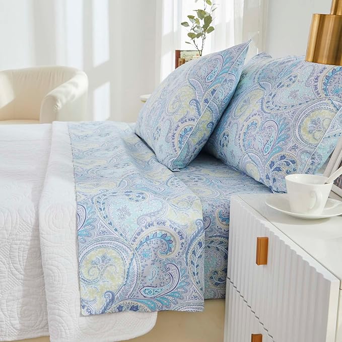 Brandream King Size Sheet Set Luxury Floral Boho Medallion Blue Paisley Bedding Collections 800 Thread Count 100% Egyptian Cotton Deep Pocket, 4 Piece