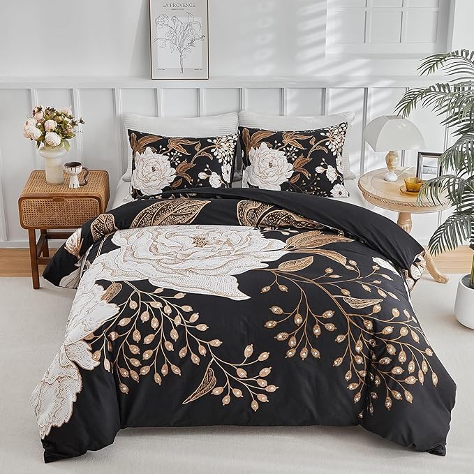 mixinni Floral Duvet Cover Queen Size, 3 Pieces White Flowers and Gold Leaves Printed on Black Bedding Set, Soft Premium Cotton Reversible Elegant Floral Duvet Cover Set for All Season-Queen Size