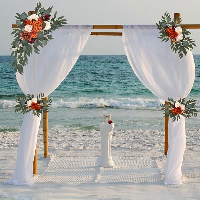 Orange Wedding Arch Flowers, Faux Flower Swag Set of 2, Orange White Floral Swag for Wedding Arch Welcome Signs, Reception Ceremony Signs Decor