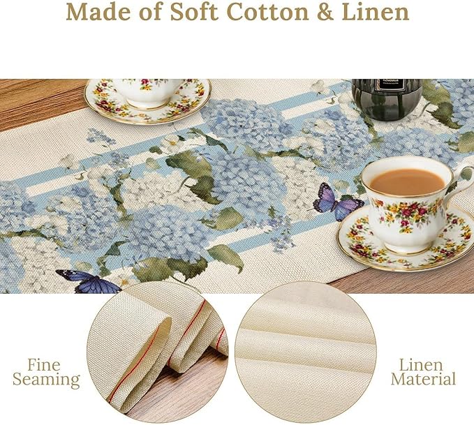 Blue Floral Table Runner, Spring Summer Watercolor Hydrangea Flower Butterfly Country Farmhouse Coffee Table Center Decor for Home Kitchen Dining Patio Holiday Party Table Decorations 13x72 inches