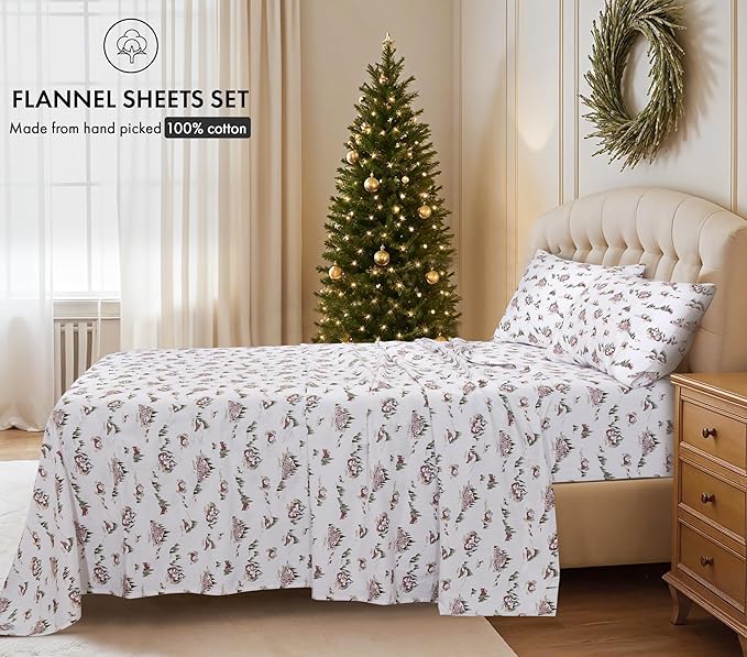 RUVANTI Flannel Sheets King Size - 100% Cotton Brushed King Bed Sheets Set - Deep Pockets 16 Inches - All Seasons Breathable & Extra Soft - Warm & Cozy, 4 Piece, Hilly Huts
