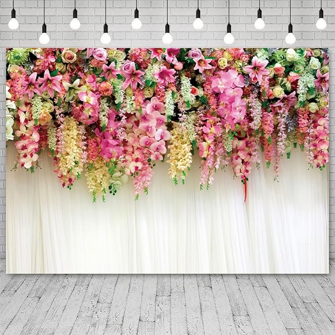15x10ft Pink Floral Backdrop White Curtain Wedding Reception Photography Background Colorful Flowers Anniversary Bridal Shower Decorations Birthday Party Baby Shower Portrait Photo Booth Prop