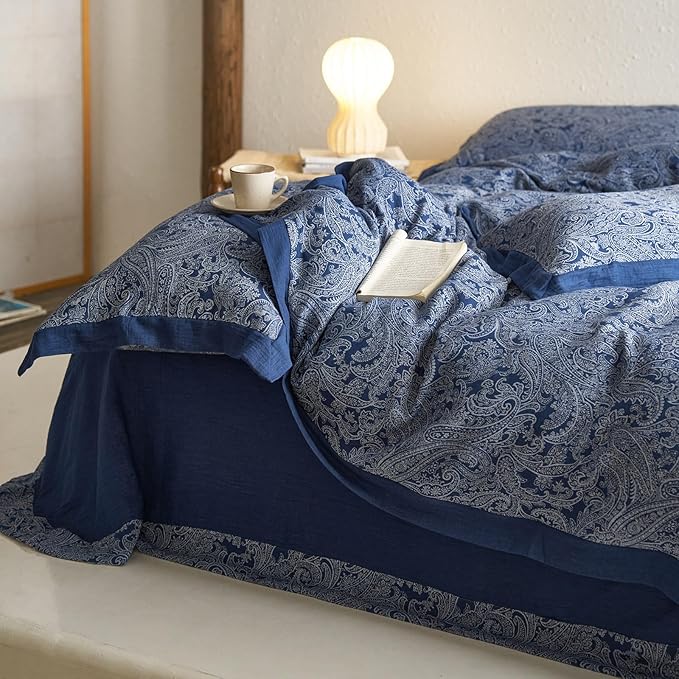 Navy Blue Paisley Floral Duvet Cover Queen Premium Yarn-Dyed Cotton Linen Duvet Cover Elegant Jacquard Boho Bedding Set Queen Vintage Paisley Flower Duvet Cover Cozy Breathable Floral Bedding Set