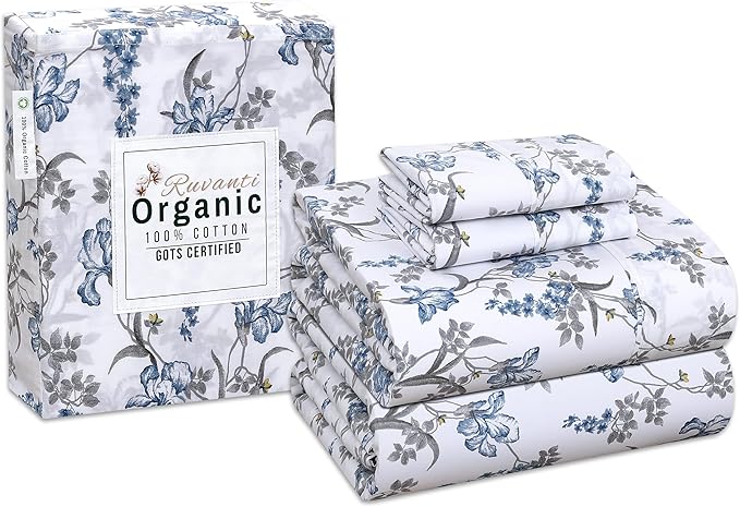 RUVANTI 100% Organic Cotton Sheets Queen Size, Percale Weave, GOTS Certified, 4-Piece Set, Deep Pocket 15", Crisp & Breathable, Soft Durable Bedding, Sábanas Algodón Orgánico – Deluxe