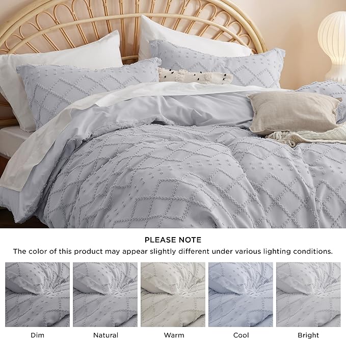 Bedsure Boho Twin Duvet Cover Size - Light Grey Breathable & Soft Boho Bedding, Machine Washable Comforter Cover for All Seasons, Includes 1 Duvet Cover 68"x90" with 1 Pillow Sham & Zipper Closure