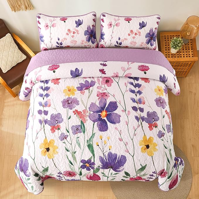 Anibedding Purple Quilt Set King, Floral Pattern Microfiber Bedspreads King Size 3 Pieces Lightweight Reversible Bedding Set with 2 Pillowcases(King, 104"x90")