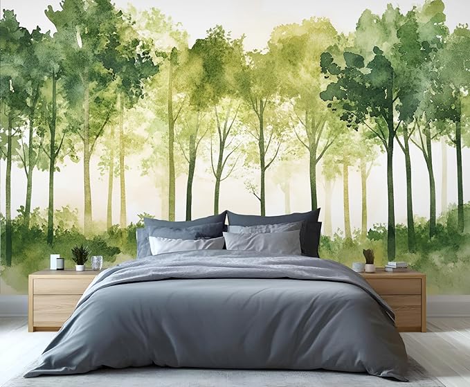 Watercolor Forest Wall Mural, Minimalist Forest Scene 3D Wall Murals, Nordic Nature Wallpaper Mural, for Living Room Bedroom Large Wallpaper Indoor Decor 137.8" W x100 H