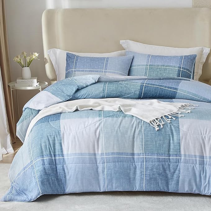 LifeTB Blue Checkered Comforter Full Comforter Set Geometric Plaid Checkered Pattern Comforter for Men Boys Modern Grid Plaid Bedding Comforter Set for All Seasons Lightweight Soft Fluffy Bed Set