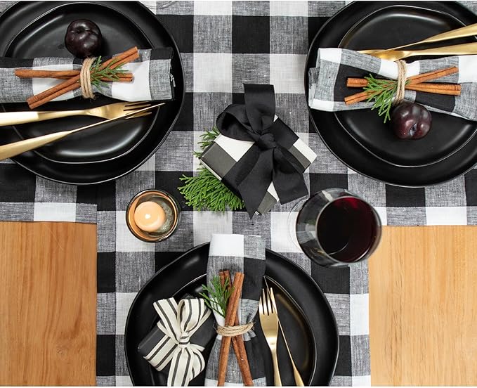 Solino Home Linen Checkered Table Runner 132 Inches Long - 100% Pure Linen Black and White Buffalo Check Extra Long Table Runner 14 x 132 Inch Ideal for Dining, Winter