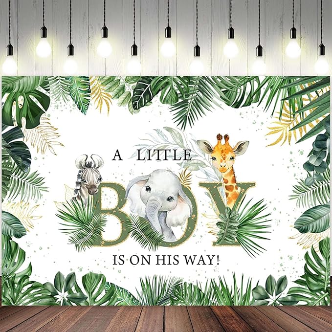 15x10ft Baby Shower Backdrop A Little Boy is On His Way Photography Background Jungle Animals Elephant Giraffe Green Gold Leaves Kids Party Banner Decorations Newborn Parties Photo Booth Prop