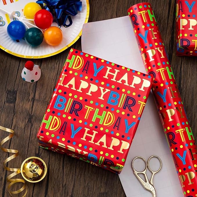 MIMUTI Red Birthday Wrapping Paper - 17 in X 33 ft - Foil Gift Wrap for Kids, Girls, Boys - Colorful Happy Birthday Text Design for Birthdays, Baby Shower, Party