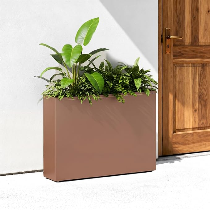 GSK Lighted Brown Metal Planter Box with LED Outdoor | Indoor Rectangular Flower Trough Built-in Light Versatile Rectangle Lighting Planters Easy Assemble Insert Drainage Hole Porch Patio Tarrace Yard