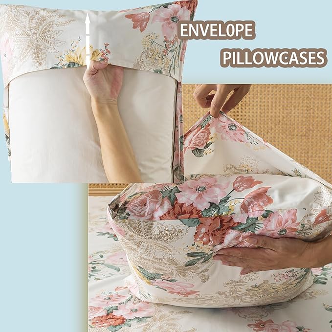 Zusbest- California Sheets, Soft 100% Cotton Pink & Cream Floral Bed Sheet Set Shabby Vintage Chic Peony Flower Printed, Breathable Luxury Toile Bedding 4 Piece Deep Pocket Sheets Cal King