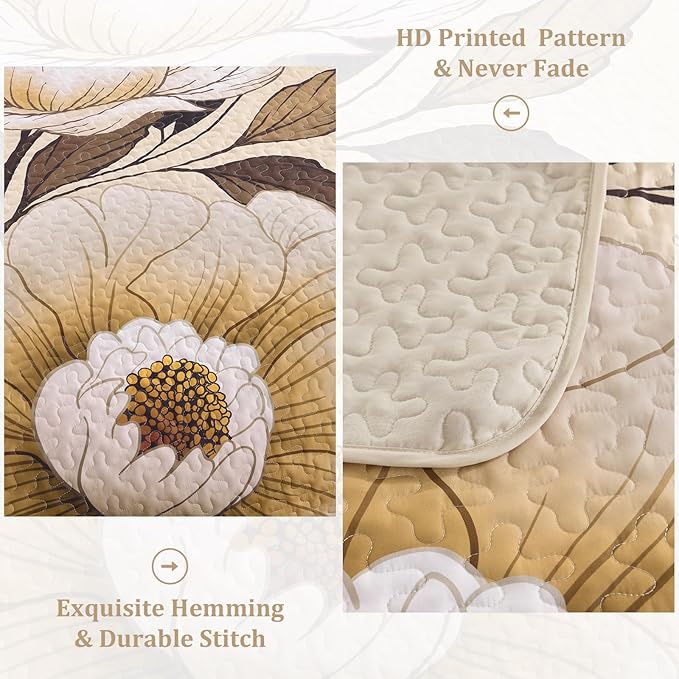 Dintszyayue Khaki Quilt Set Queen,3 Pieces Beige Floral Bedspreads Lightweight Coverlet Set for All Seasons, Reversible Quilted Printed Bedding Set with 2 Pillow Shams