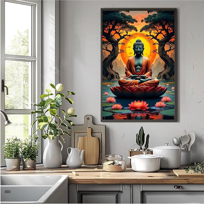 Canvas wall art Golden Buddha on lotus at sunset Ancient trees with reflections on water Serene meditation scene Uplifting wall art for mindfulness and tranquil home decor 8x12in Metal blackFramed