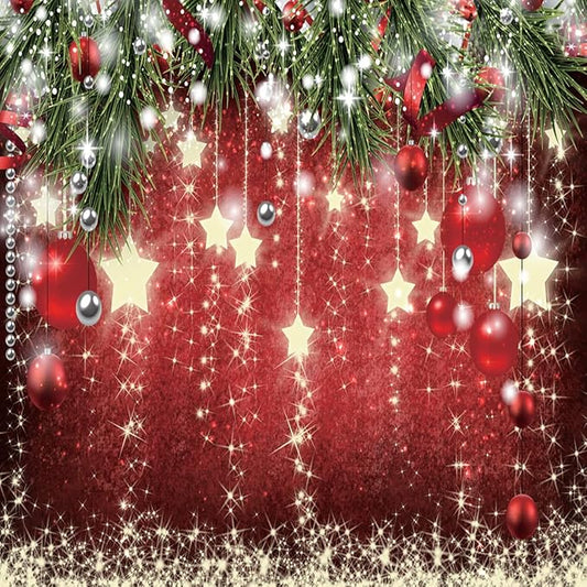 SJOLOON Christmas Backdrops Red Ball Theme Background Shining Stars Background New Year Backdrop for Christmas Party Decoration Banner Photo Shoot 12364 (8x8FT)