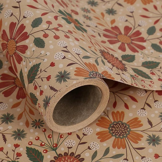 Aimyoo Floral Kraft Wrapping Paper Roll, All Occasion Vintage Flower Gift Wrap for Wedding Birthday Bridal Shower, 17 inch x 10 ft