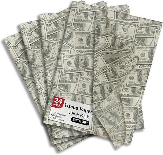 Money Printed Tissue Paper for Birthday Party Gift Bags or Boxes and Wrapping - Bulk Decorative Art Tissue Paper for Packaging and Gifting | 24 Sheets 20" x 30"