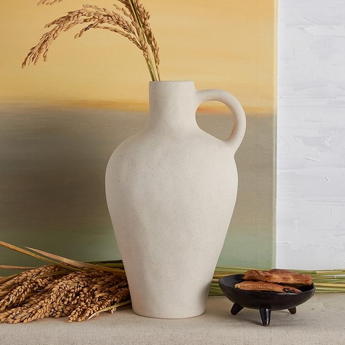 BlossoME Antique Ceramic White Vase for Home Decor, Stoneware Jug for Room Centerpiece, Rustic, Farmhouse and Vintage Pottery Gifts, Matte, with Handle-Height 10”