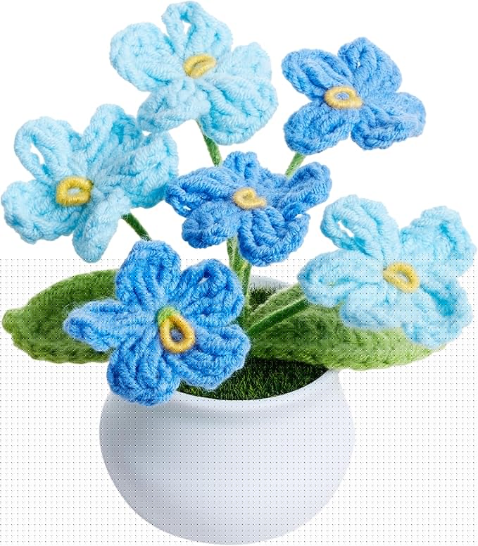 Crochet Flowers Cute Handmade Knitted Potted Gradient Blue Forget Me Not Flower for Women Coworkers Teacher Birthday Anniversary Decor for Home Room Office Desk Accessories