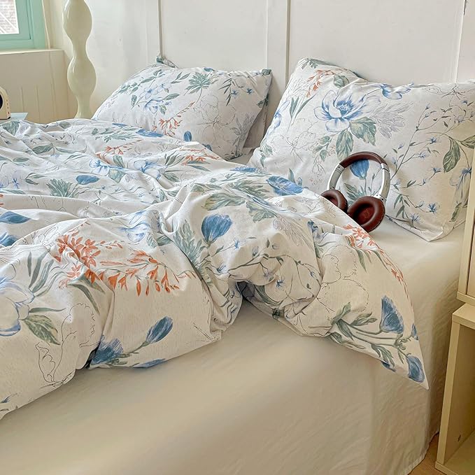 EAVD Vintage Style Botanical Floral Duvet Cover Twin Soft Cotton Chic Shabby Garden Colorful Floral Bedding Set with 2 Pillowcases Fresh Spring Botanical Duvet Cover with Zipper Closure