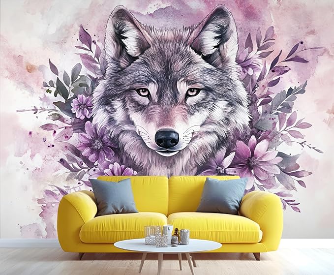 Wolf with Floral Watercolor Wall Mural, Purple Wolf Watercolor Art 3D Wall Murals, Art Flower Painting Wallpaper Mural, for Living Room Bedroom Large Wallpaper Indoor Decor 157.5" W x110.3 H