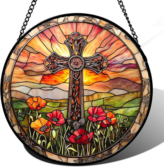 Christian Gifts for Women - Cross Stained Glass Window Hanging Jesus Easter Poppy Sunset Landscape Sun Catcher Garden Religion Decor Mother's Day Catholic Gift for Men Grandma Mom Her 7.8"