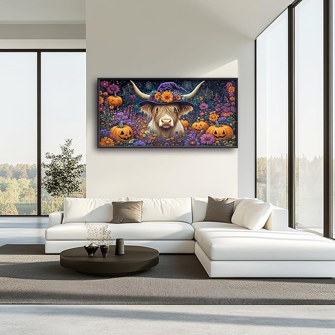 Highland Cow with Halloween Large Decor Wall Art Framed Pictures for Living Room, Pumpkins Oversized Canvas Print Painting Modern Extra Large Framed Artwork for Bedroom Office Home Decor 60"x30"