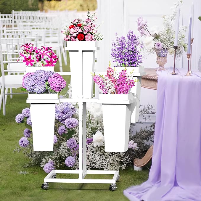 Asee'm Flower Display Stand with 5 Square Buckets Multi-tiered Metal White Flower Cart Stand with Wheels Moving Plant Stand Bar Shelf Flower Holder for Indoor Outdoor Patio Garden Florist Wedding