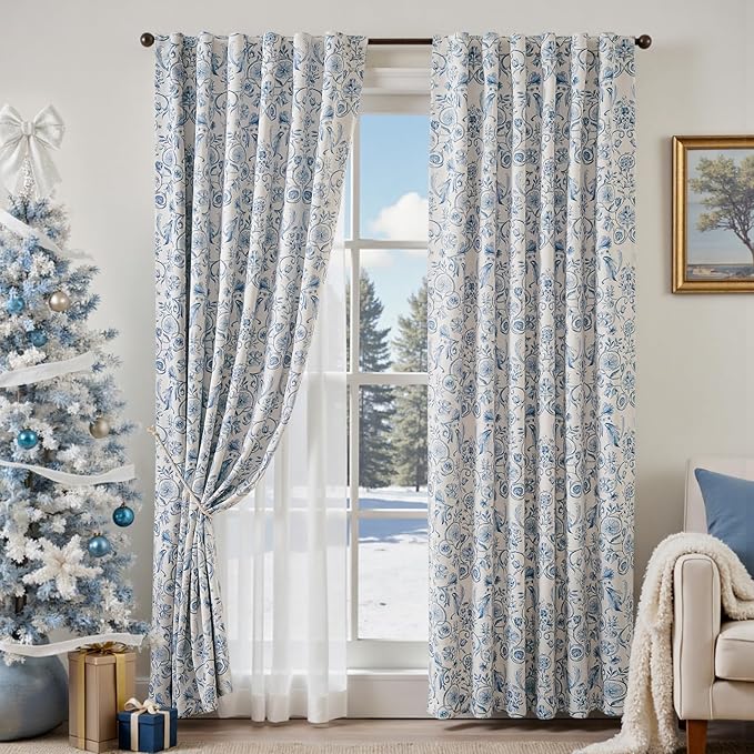 jinchan Floral Blackout Curtains for Bedroom Living Room 84 Inches Length Farmhouse Curtains Room Darkening Vintage Drapes Traditional Rod Pocket Window Treatment 2 Panels Set Blue on Beige