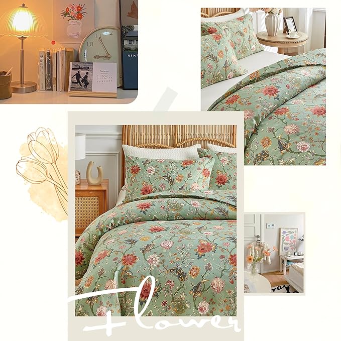 LifeTB Vintage Garden Floral Comforter Set Twin XL Chic Vibrant Green Floral Bedding Comforter Fluffy Soft Bohemian Flower Botanical Comforter with 2 Pillowcases Boho Farmhouse Bed Comforter Set