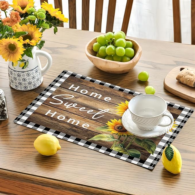 Farmhouse Sunflower Placemats Set of 4, Home Sweet Home Place Mats, Rustic Dining Table Mats, Washable Placemats for Kitchen Dining Room Home Decor 18L'' × 12W''