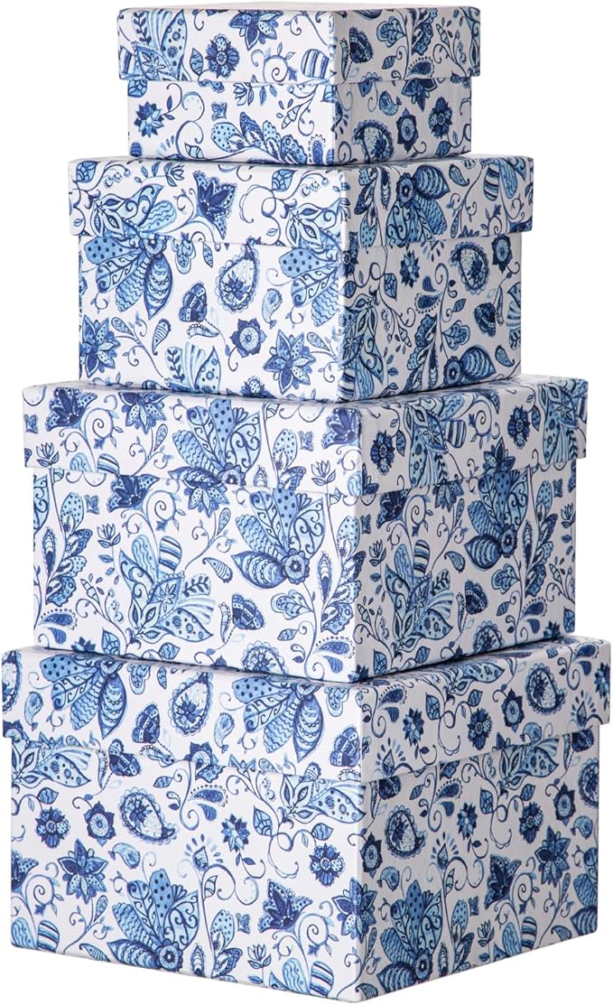Briful Square Gift Boxes with Lids 4PCS Blue Flower Print Gift Box for Presents Nesting Assorted Sizes Present Boxes for Christmas Birthday Valentines Party Gift Wrap